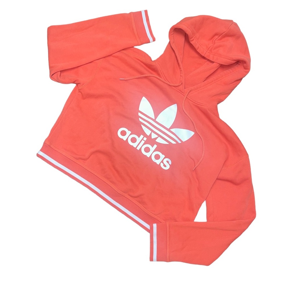 Women’s Adidas Cropped Hoodie Top Coral w/ White Banding Size Small